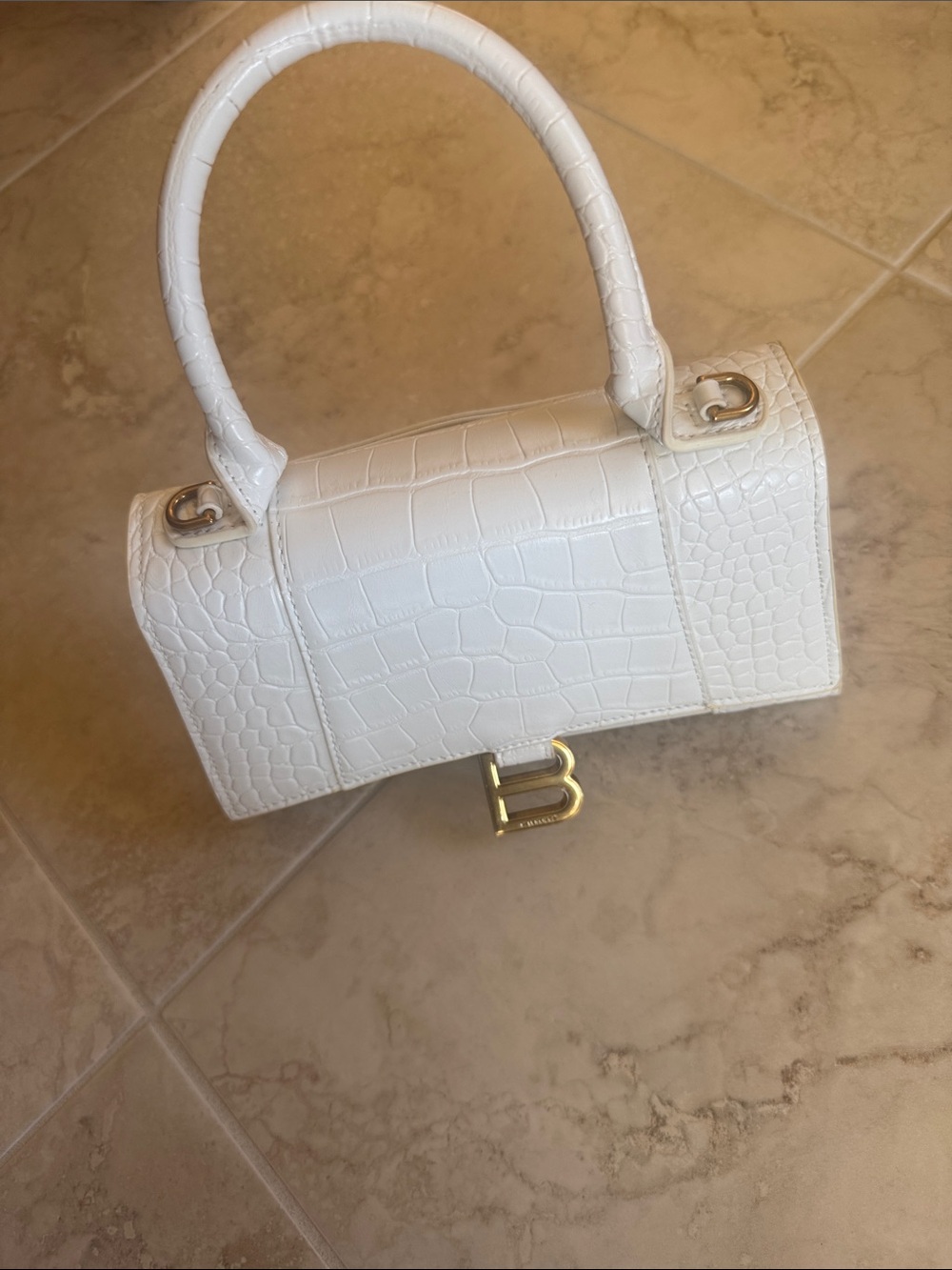 White Croc-Embossed Top-Handle Bag with Gold Hardware